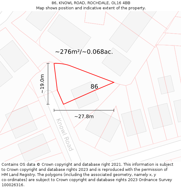 86, KNOWL ROAD, ROCHDALE, OL16 4BB: Plot and title map