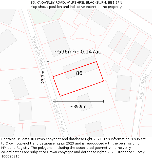 86, KNOWSLEY ROAD, WILPSHIRE, BLACKBURN, BB1 9PN: Plot and title map