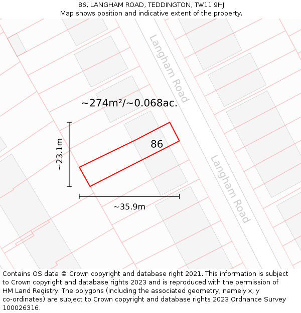 86, LANGHAM ROAD, TEDDINGTON, TW11 9HJ: Plot and title map