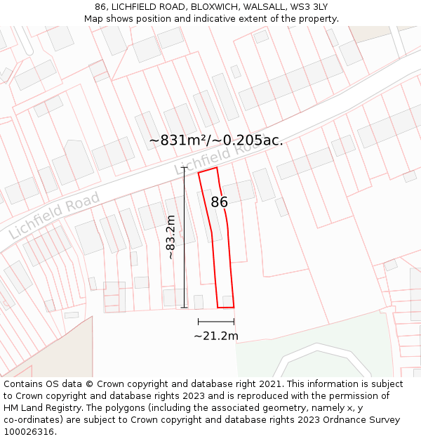 86, LICHFIELD ROAD, BLOXWICH, WALSALL, WS3 3LY: Plot and title map