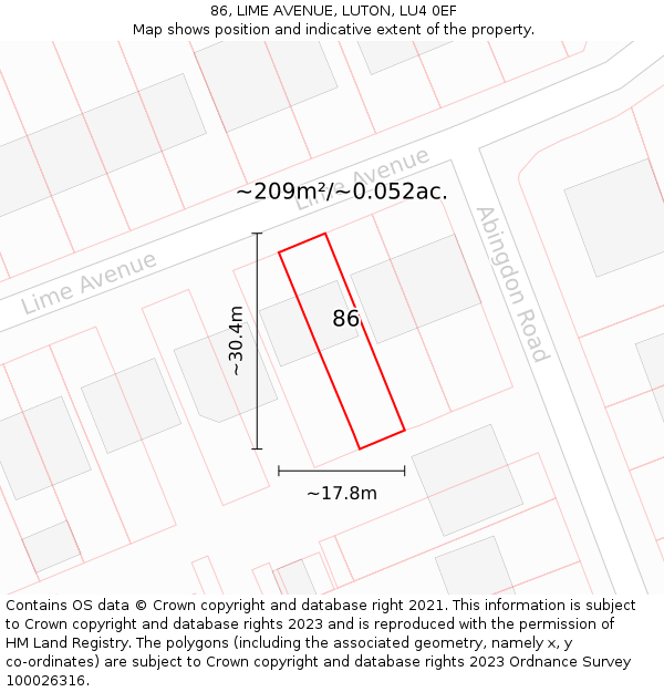 86, LIME AVENUE, LUTON, LU4 0EF: Plot and title map
