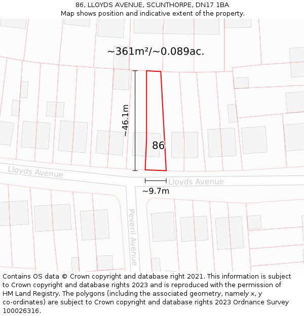 86, LLOYDS AVENUE, SCUNTHORPE, DN17 1BA: Plot and title map