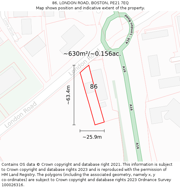 86, LONDON ROAD, BOSTON, PE21 7EQ: Plot and title map