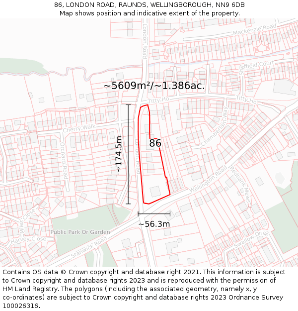 86, LONDON ROAD, RAUNDS, WELLINGBOROUGH, NN9 6DB: Plot and title map