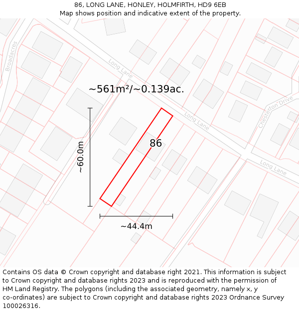 86, LONG LANE, HONLEY, HOLMFIRTH, HD9 6EB: Plot and title map