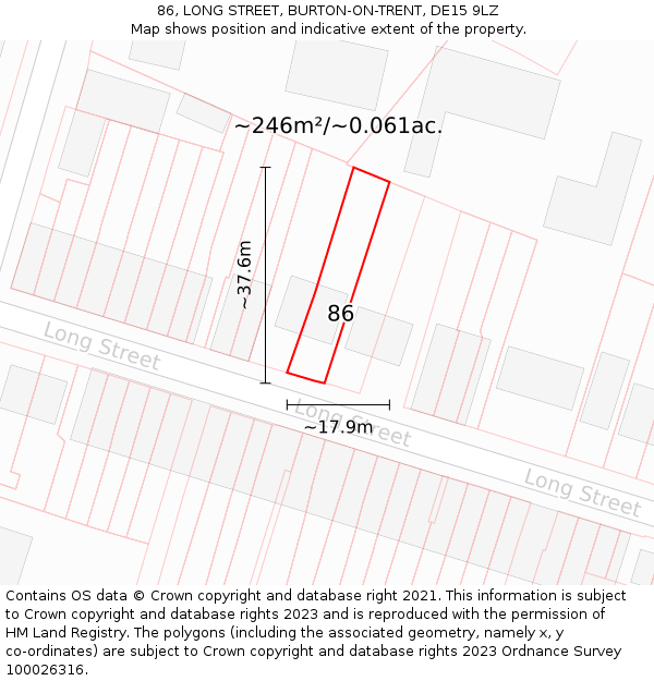 86, LONG STREET, BURTON-ON-TRENT, DE15 9LZ: Plot and title map