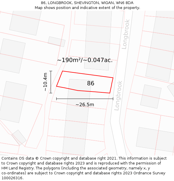 86, LONGBROOK, SHEVINGTON, WIGAN, WN6 8DA: Plot and title map
