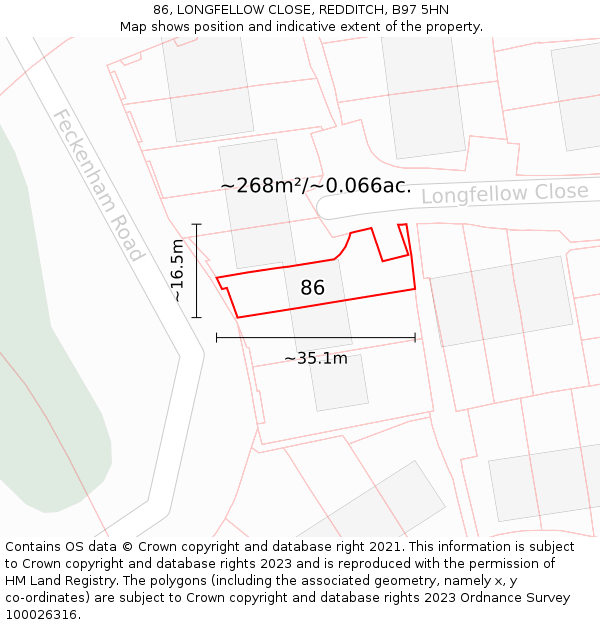 86, LONGFELLOW CLOSE, REDDITCH, B97 5HN: Plot and title map