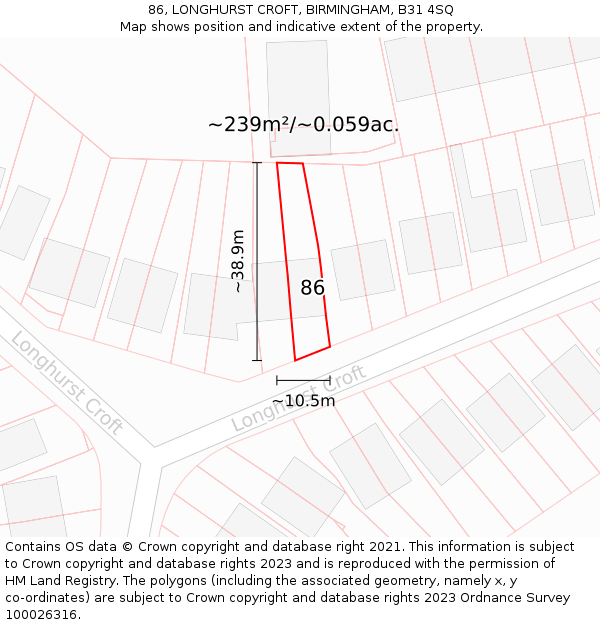 86, LONGHURST CROFT, BIRMINGHAM, B31 4SQ: Plot and title map