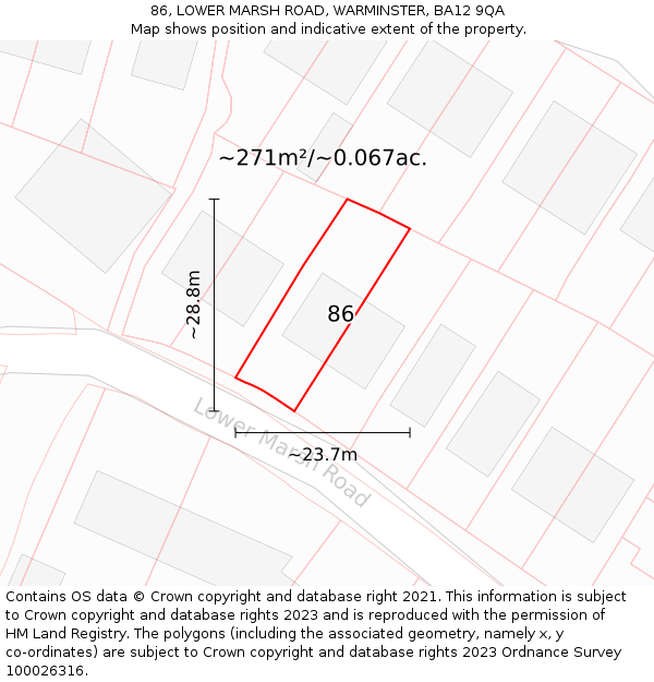 86, LOWER MARSH ROAD, WARMINSTER, BA12 9QA: Plot and title map