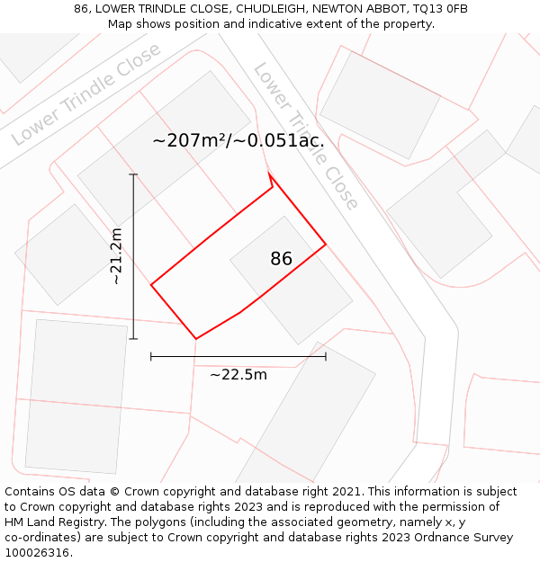 86, LOWER TRINDLE CLOSE, CHUDLEIGH, NEWTON ABBOT, TQ13 0FB: Plot and title map