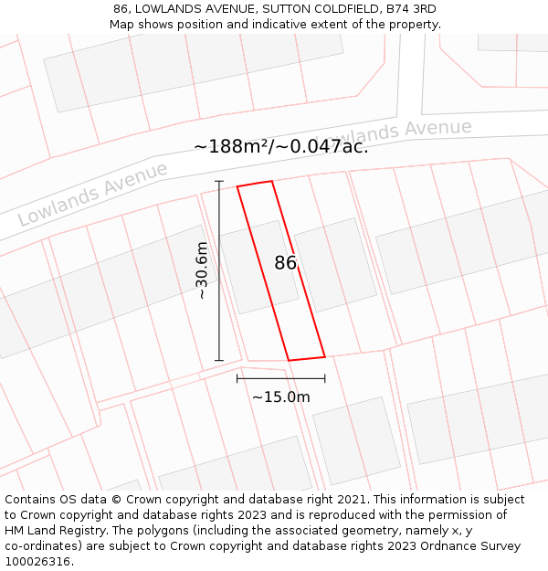 86, LOWLANDS AVENUE, SUTTON COLDFIELD, B74 3RD: Plot and title map