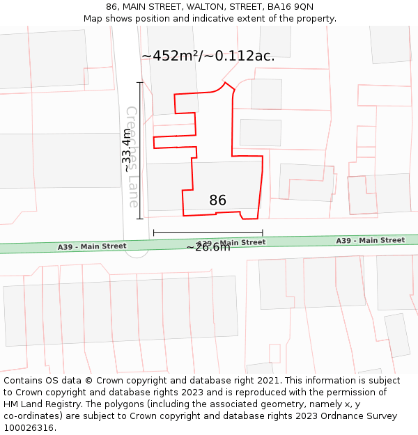 86, MAIN STREET, WALTON, STREET, BA16 9QN: Plot and title map