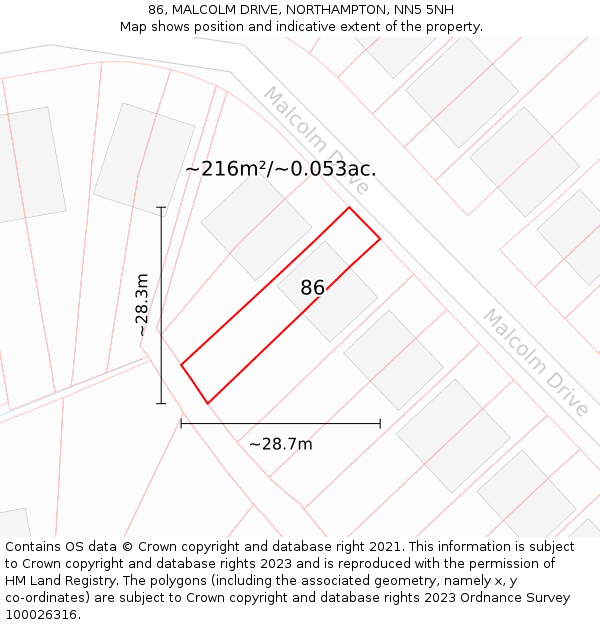 86, MALCOLM DRIVE, NORTHAMPTON, NN5 5NH: Plot and title map