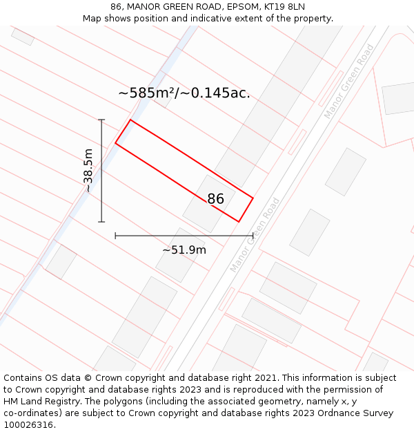 86, MANOR GREEN ROAD, EPSOM, KT19 8LN: Plot and title map