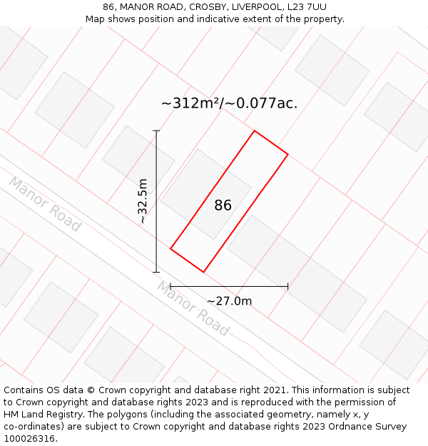 86, MANOR ROAD, CROSBY, LIVERPOOL, L23 7UU: Plot and title map