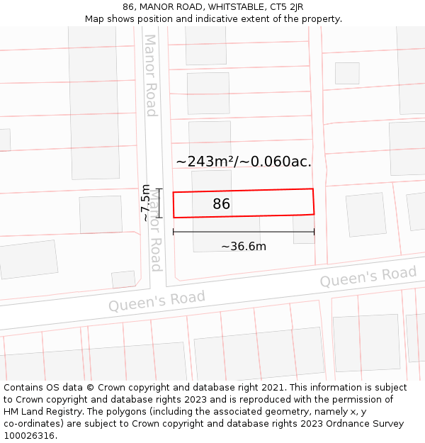 86, MANOR ROAD, WHITSTABLE, CT5 2JR: Plot and title map