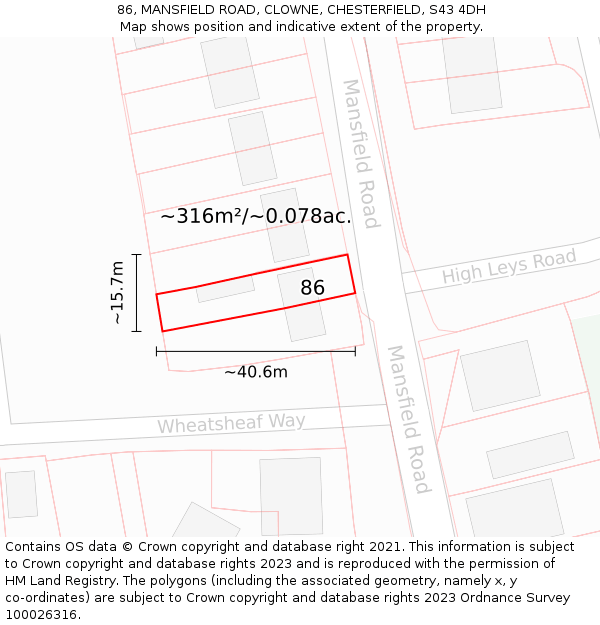 86, MANSFIELD ROAD, CLOWNE, CHESTERFIELD, S43 4DH: Plot and title map