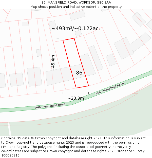 86, MANSFIELD ROAD, WORKSOP, S80 3AA: Plot and title map