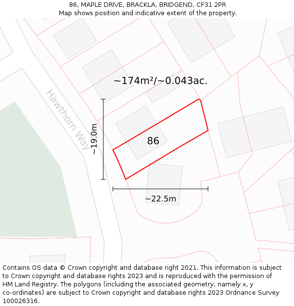 86, MAPLE DRIVE, BRACKLA, BRIDGEND, CF31 2PR: Plot and title map