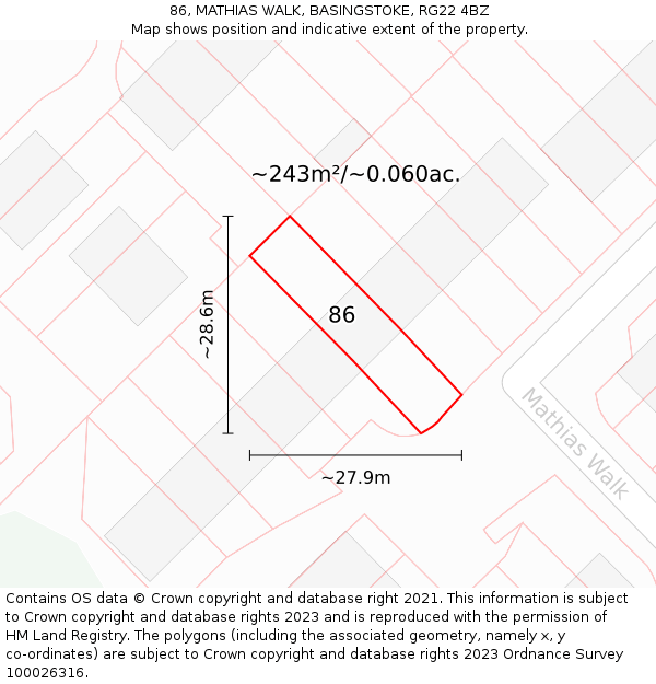 86, MATHIAS WALK, BASINGSTOKE, RG22 4BZ: Plot and title map