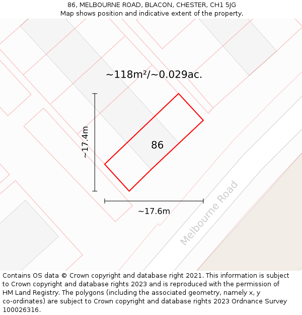 86, MELBOURNE ROAD, BLACON, CHESTER, CH1 5JG: Plot and title map