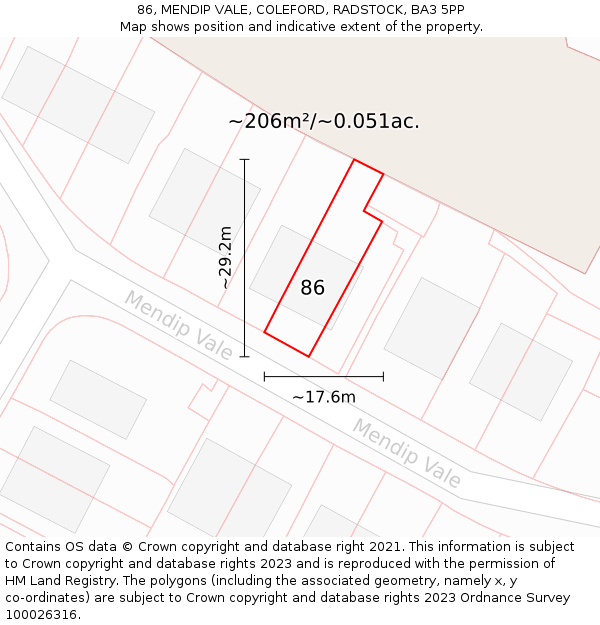 86, MENDIP VALE, COLEFORD, RADSTOCK, BA3 5PP: Plot and title map