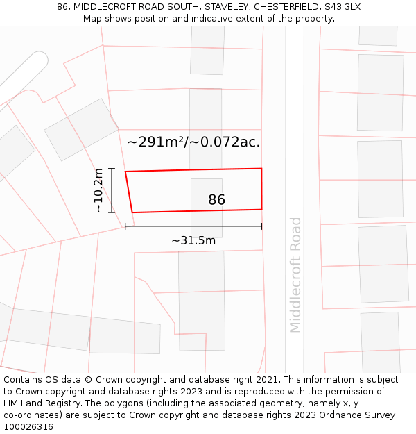 86, MIDDLECROFT ROAD SOUTH, STAVELEY, CHESTERFIELD, S43 3LX: Plot and title map