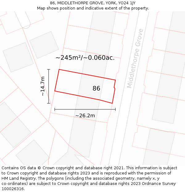 86, MIDDLETHORPE GROVE, YORK, YO24 1JY: Plot and title map
