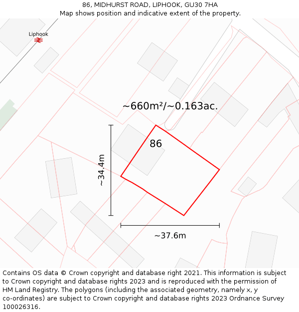 86, MIDHURST ROAD, LIPHOOK, GU30 7HA: Plot and title map