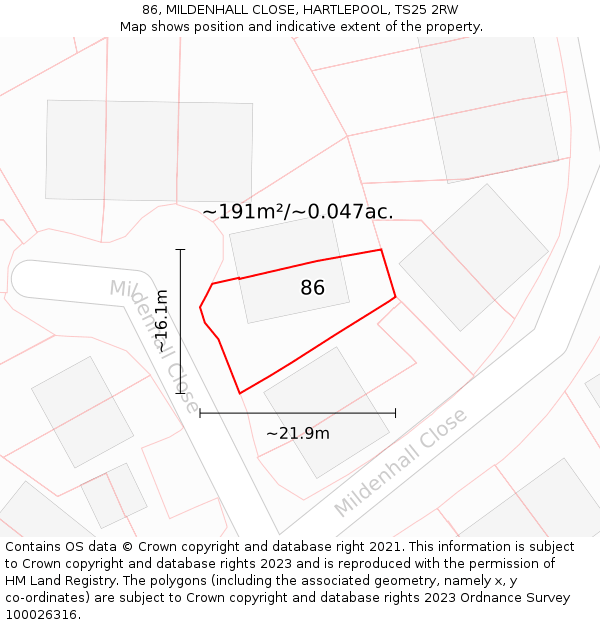 86, MILDENHALL CLOSE, HARTLEPOOL, TS25 2RW: Plot and title map