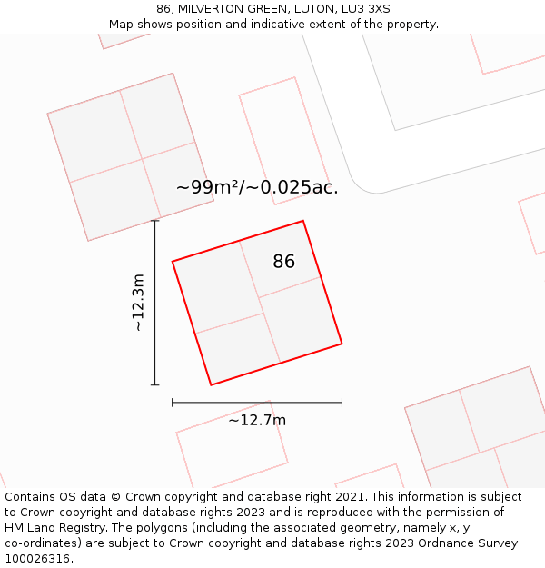 86, MILVERTON GREEN, LUTON, LU3 3XS: Plot and title map