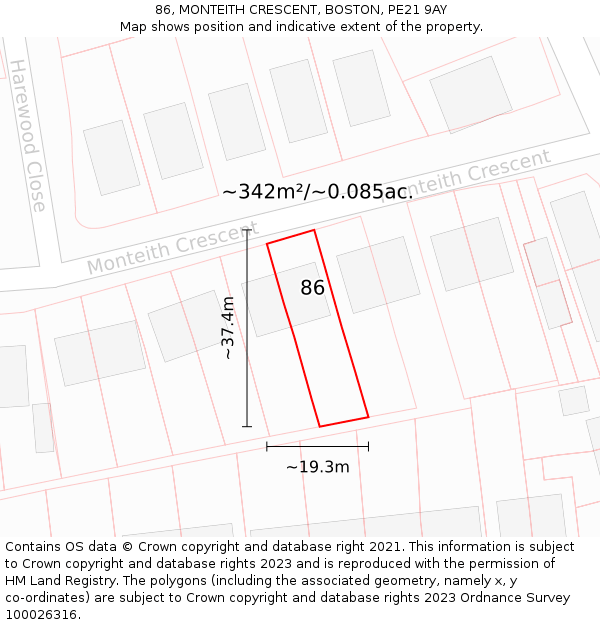 86, MONTEITH CRESCENT, BOSTON, PE21 9AY: Plot and title map