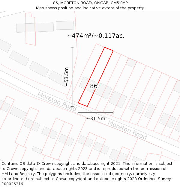 86, MORETON ROAD, ONGAR, CM5 0AP: Plot and title map