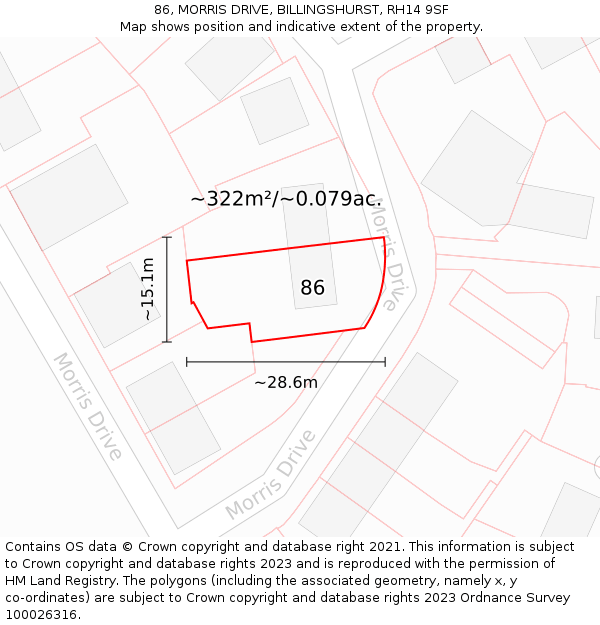 86, MORRIS DRIVE, BILLINGSHURST, RH14 9SF: Plot and title map