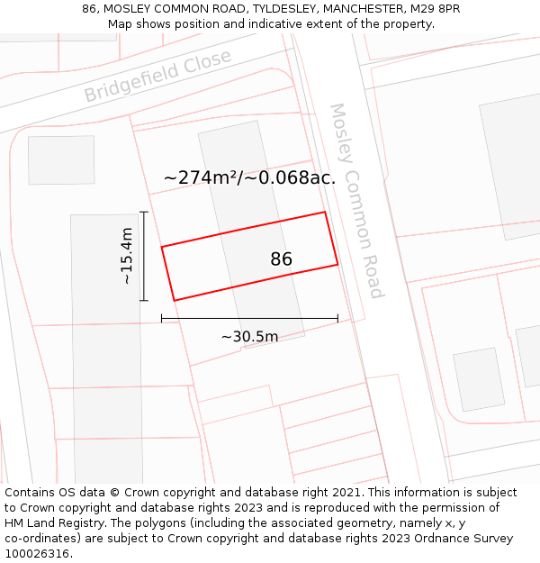 86, MOSLEY COMMON ROAD, TYLDESLEY, MANCHESTER, M29 8PR: Plot and title map
