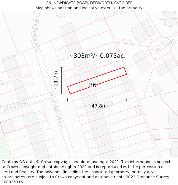 86, NEWDIGATE ROAD, BEDWORTH, CV12 8EF: Plot and title map