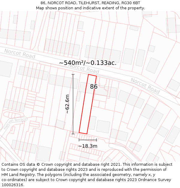86, NORCOT ROAD, TILEHURST, READING, RG30 6BT: Plot and title map