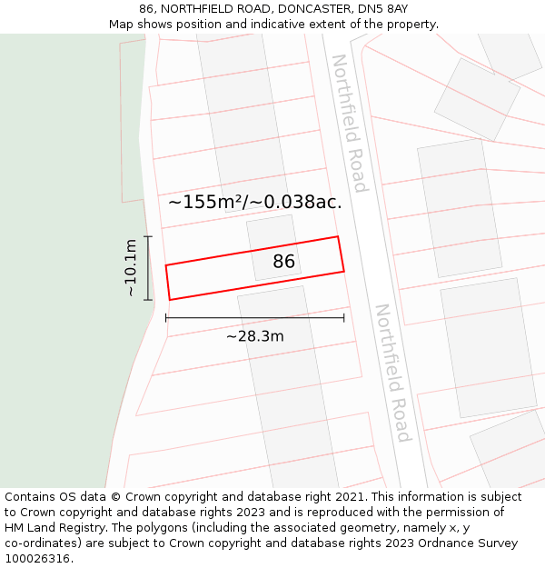 86, NORTHFIELD ROAD, DONCASTER, DN5 8AY: Plot and title map