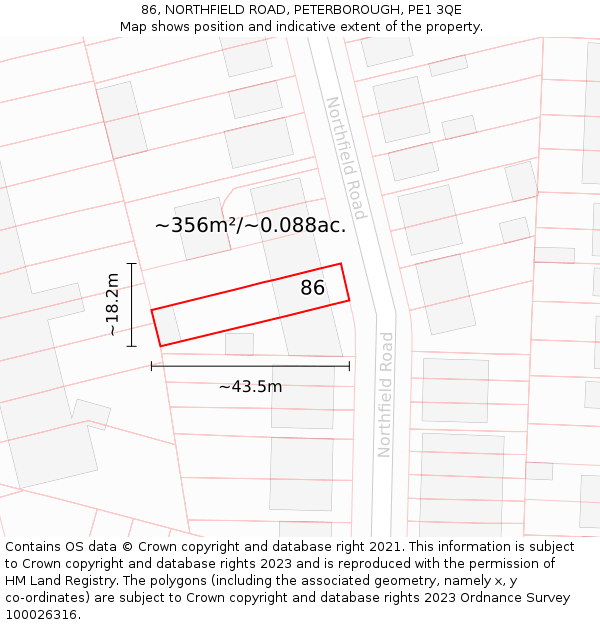 86, NORTHFIELD ROAD, PETERBOROUGH, PE1 3QE: Plot and title map