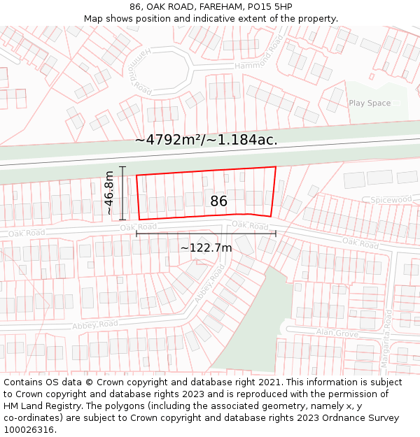 86, OAK ROAD, FAREHAM, PO15 5HP: Plot and title map