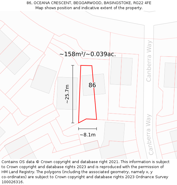 86, OCEANA CRESCENT, BEGGARWOOD, BASINGSTOKE, RG22 4FE: Plot and title map