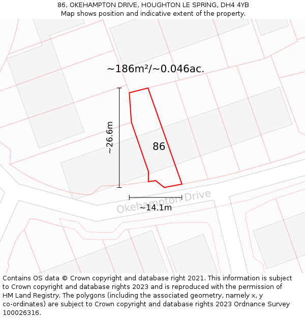 86, OKEHAMPTON DRIVE, HOUGHTON LE SPRING, DH4 4YB: Plot and title map