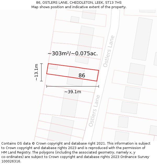 86, OSTLERS LANE, CHEDDLETON, LEEK, ST13 7HS: Plot and title map