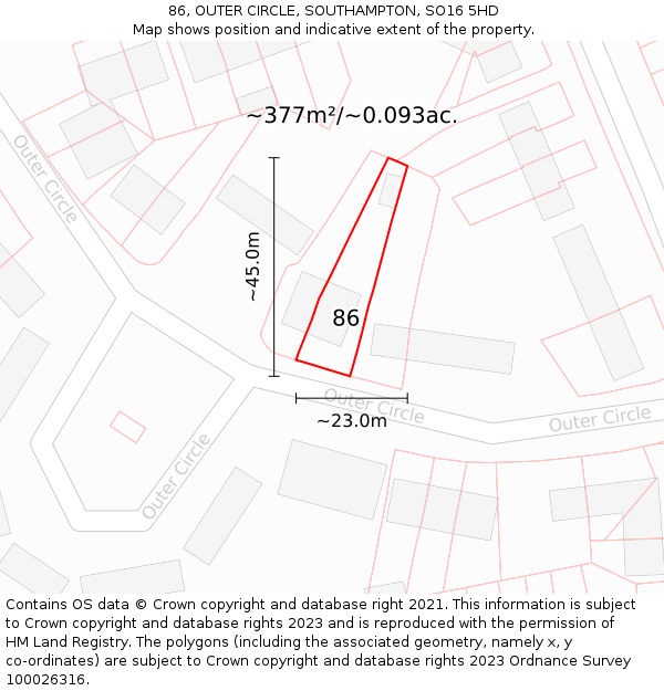 86, OUTER CIRCLE, SOUTHAMPTON, SO16 5HD: Plot and title map