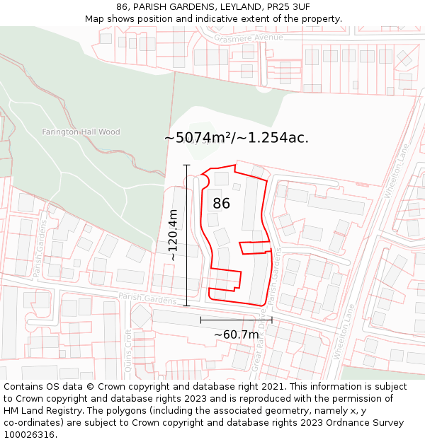 86, PARISH GARDENS, LEYLAND, PR25 3UF: Plot and title map