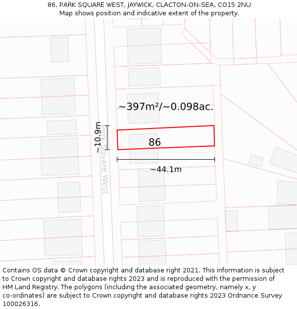 86, PARK SQUARE WEST, JAYWICK, CLACTON-ON-SEA, CO15 2NU: Plot and title map