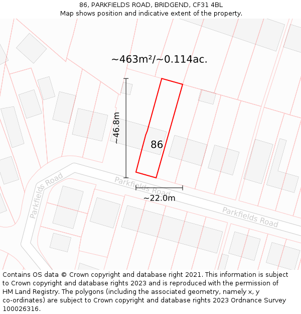 86, PARKFIELDS ROAD, BRIDGEND, CF31 4BL: Plot and title map