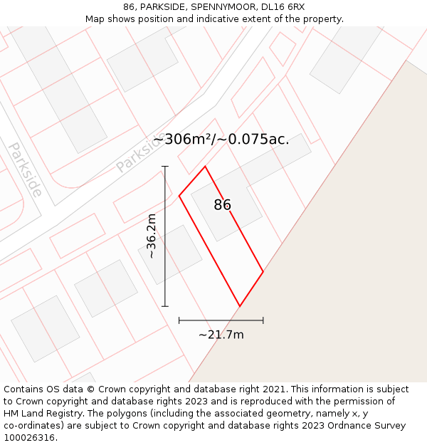 86, PARKSIDE, SPENNYMOOR, DL16 6RX: Plot and title map