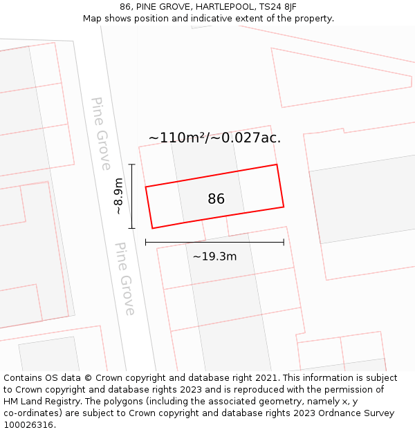86, PINE GROVE, HARTLEPOOL, TS24 8JF: Plot and title map